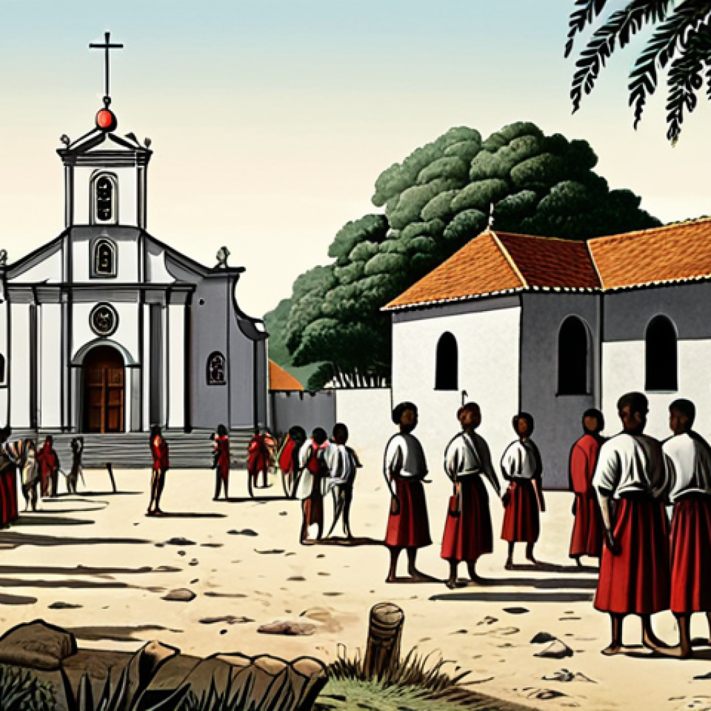 **A historical illustration depicting Portuguese colonial rule in East Timor in the 16th century. Focus on the contrast between the Portuguese colonizers and the Timorese people, highlighting the lack of investment in education and infrastructure, and the exploitation of the local population. In the background, a Catholic church symbolizes the religious influence during that era.**