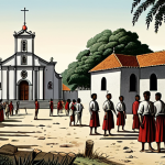 **A historical illustration depicting Portuguese colonial rule in East Timor in the 16th century. Focus on the contrast between the Portuguese colonizers and the Timorese people, highlighting the lack of investment in education and infrastructure, and the exploitation of the local population. In the background, a Catholic church symbolizes the religious influence during that era.**