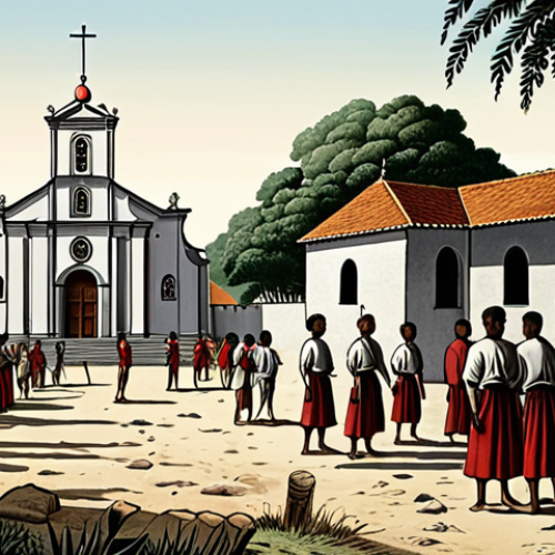Home 4 **A historical illustration depicting Portuguese colonial rule in East Timor in the 16th century. Focus on the contrast between the Portuguese colonizers and the Timorese people, highlighting the lack of investment in education and infrastructure, and the exploitation of the local population. In the background, a Catholic church symbolizes the religious influence during that era.**