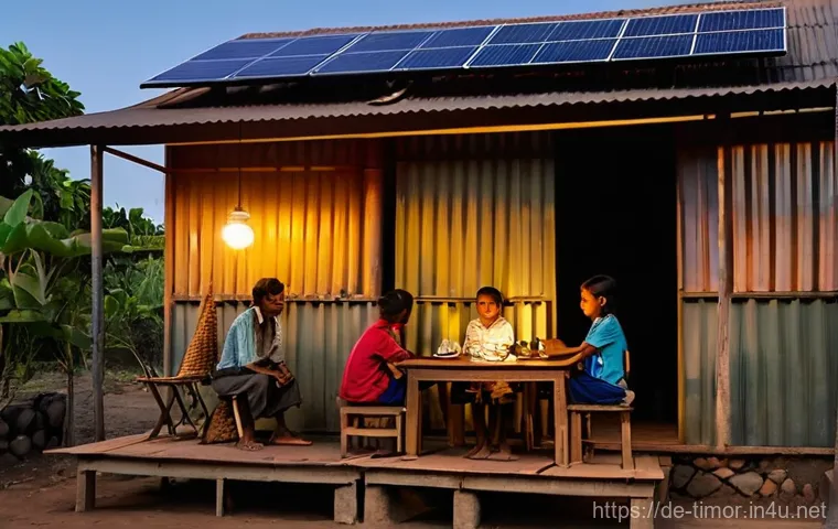 동티모르의 에너지 문제 - **Prompt 1: Rural Family Illuminated by Solar Light in East Timor**
    "A heartwarming scene inside...