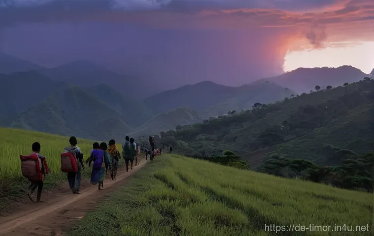 동티모르 난민 문제 - **Prompt:** A diverse group of East Timorese individuals, including men, women, and children, cautio...