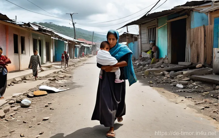동티모르 난민 문제 - **Prompt:** A diverse group of East Timorese individuals, including men, women, and children, cautio...