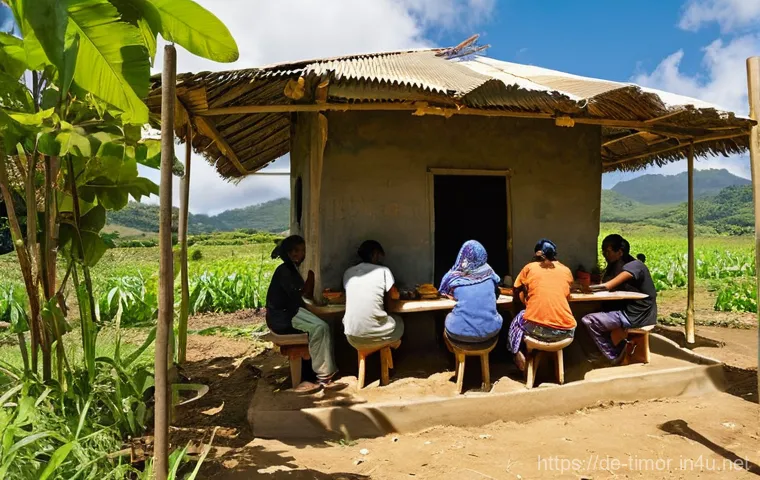 동티모르 난민 문제 - **Prompt:** A scene depicting the aftermath of a crisis in an East Timorese town. Displaced families...
