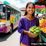 동티모르 여행 시 주의사항 - A female traveler, mid-20s, with a friendly smile, is interacting with a local vendor at a vibrant, ...