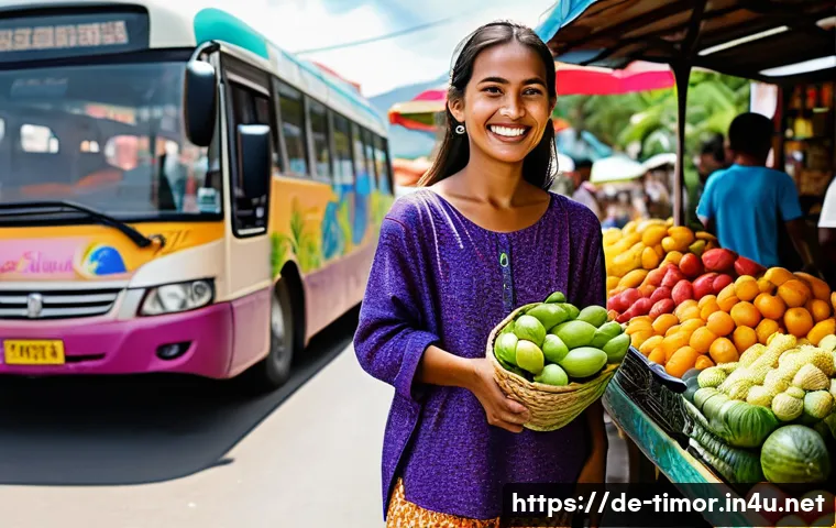 동티모르 여행 시 주의사항 - A female traveler, mid-20s, with a friendly smile, is interacting with a local vendor at a vibrant, ...