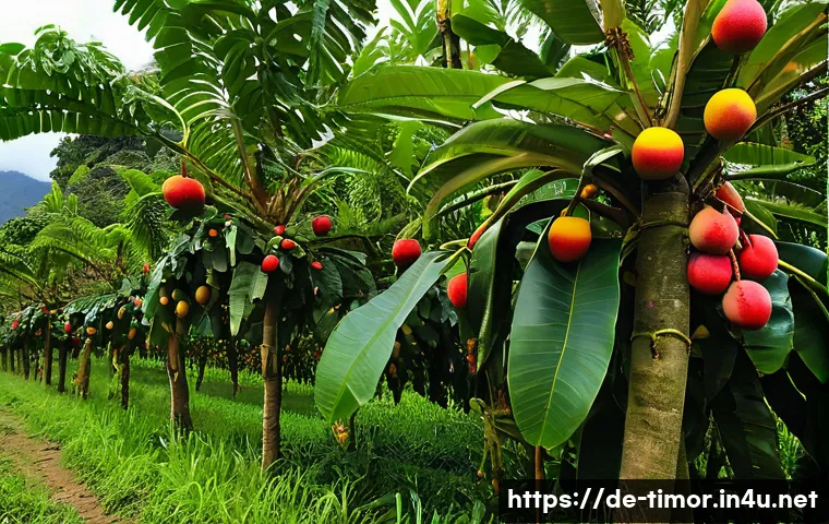 동티모르의 대표 과일 - A vibrant tropical garden in East Timor&rsquo;s highlands showcasing a variety of exotic fruits such as ri...