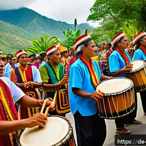 동티모르 음악 산업 - A vibrant outdoor festival scene in Dili, East Timor, showcasing traditional musicians playing Babad...