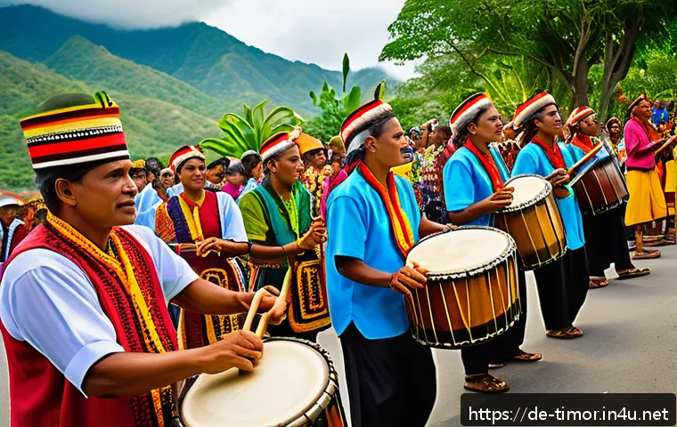 동티모르 음악 산업 - A vibrant outdoor festival scene in Dili, East Timor, showcasing traditional musicians playing Babad...