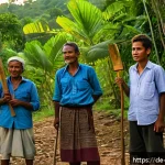 동티모르의 동물 보호 활동 - A vibrant scene showing a diverse local village community in East Timor organizing wildlife patrols ...
