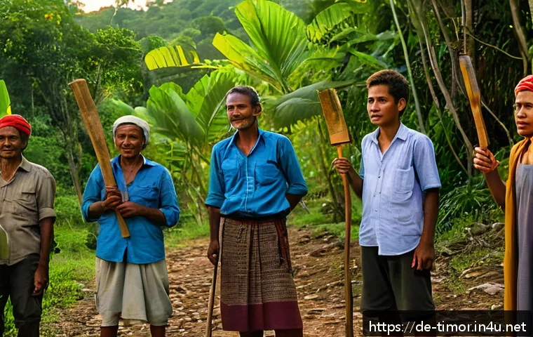 동티모르의 동물 보호 활동 - A vibrant scene showing a diverse local village community in East Timor organizing wildlife patrols ...