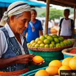 동티모르의 수도 딜리 명소 - A vibrant local market scene in Dili during early morning light, bustling with friendly Timorese ven...