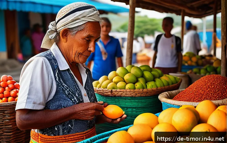 동티모르의 수도 딜리 명소 - A vibrant local market scene in Dili during early morning light, bustling with friendly Timorese ven...