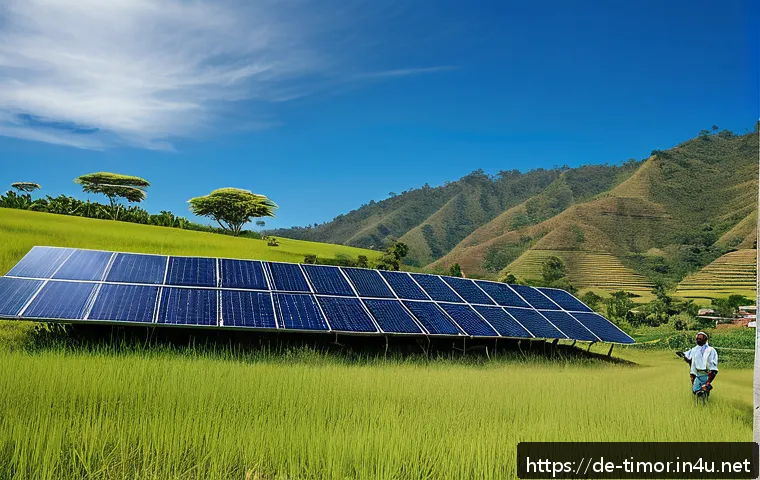 동티모르와 유럽 연합의 관계 - A vibrant rural scene in Timor-Leste showcasing a solar energy project: solar panels installed on ro...