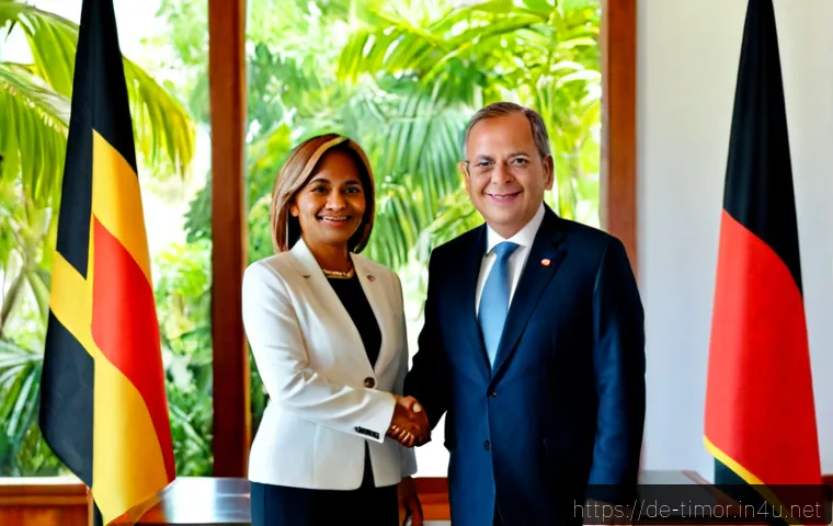 동티모르와 미국의 관계 - Photorealistic diplomatic meeting representing relations between Timor-Leste and the United States, ...