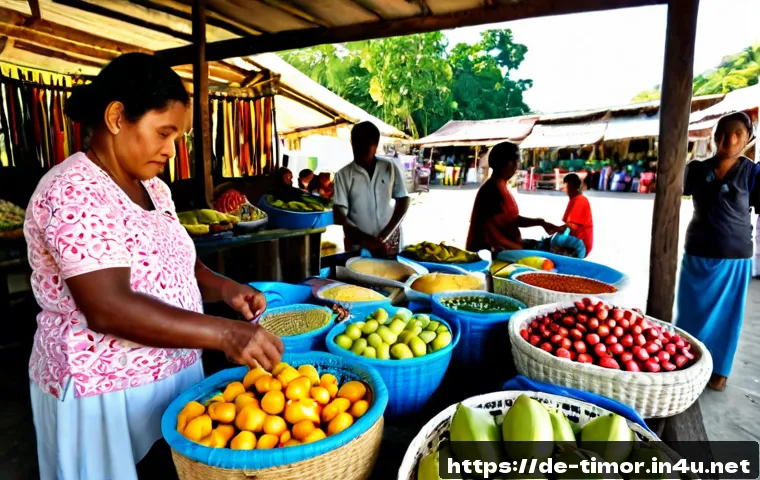 동티모르 전통 시장 탐방 - Photorealistic morning scene at a traditional open-air market in Dili, Timor-Leste, friendly Timores...